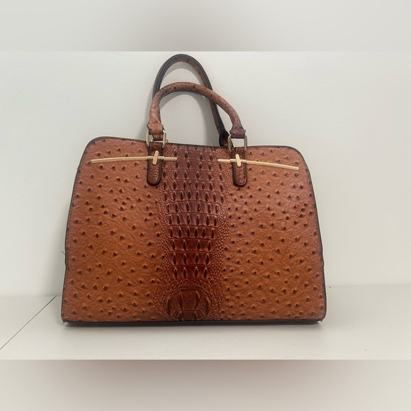 Dasein Handbag Purse Faux Leather Ostrich Brown Matching Wallet - Picture 2 of 11